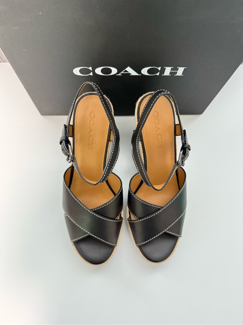 COACH Black Leather Cross-Strap Wedge Sandals with Buckle